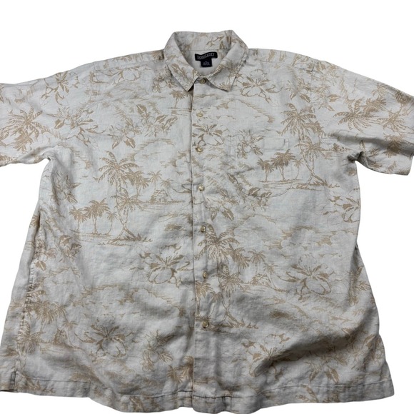VTG‎ 90's Lands' End Linen Camp Shirt Tropical Palm Tree Print Button Up XL - Picture 1 of 9
